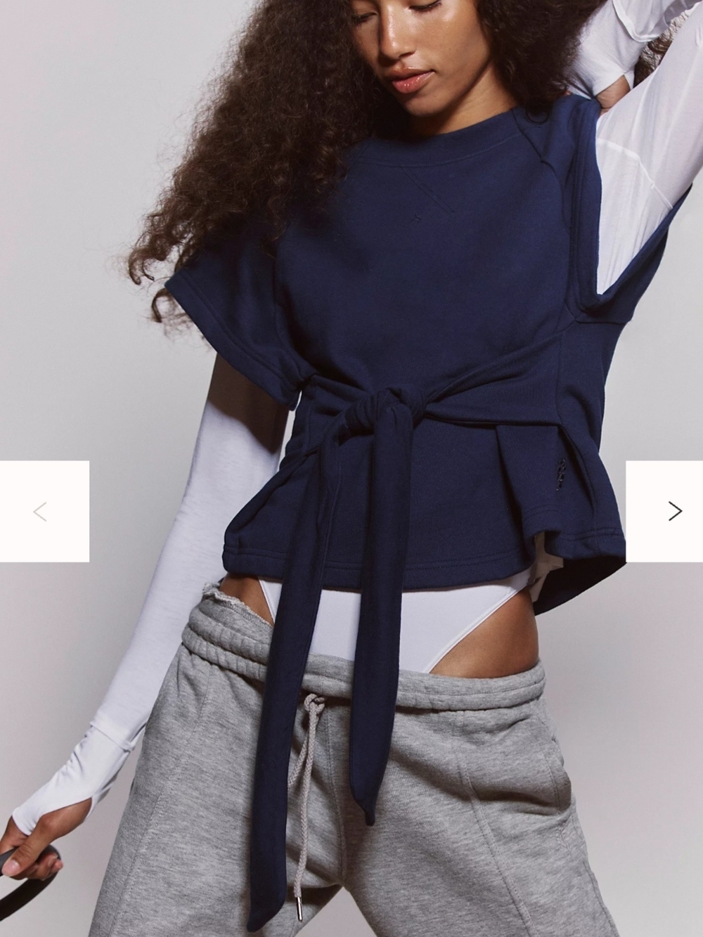 Free People Navy Tie-Front Short Sleeve Sweatshirt